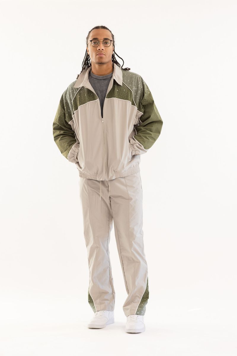 Kindred Track Suit - Kd Rhinestone Nylon Zip up - Khakhi/Green