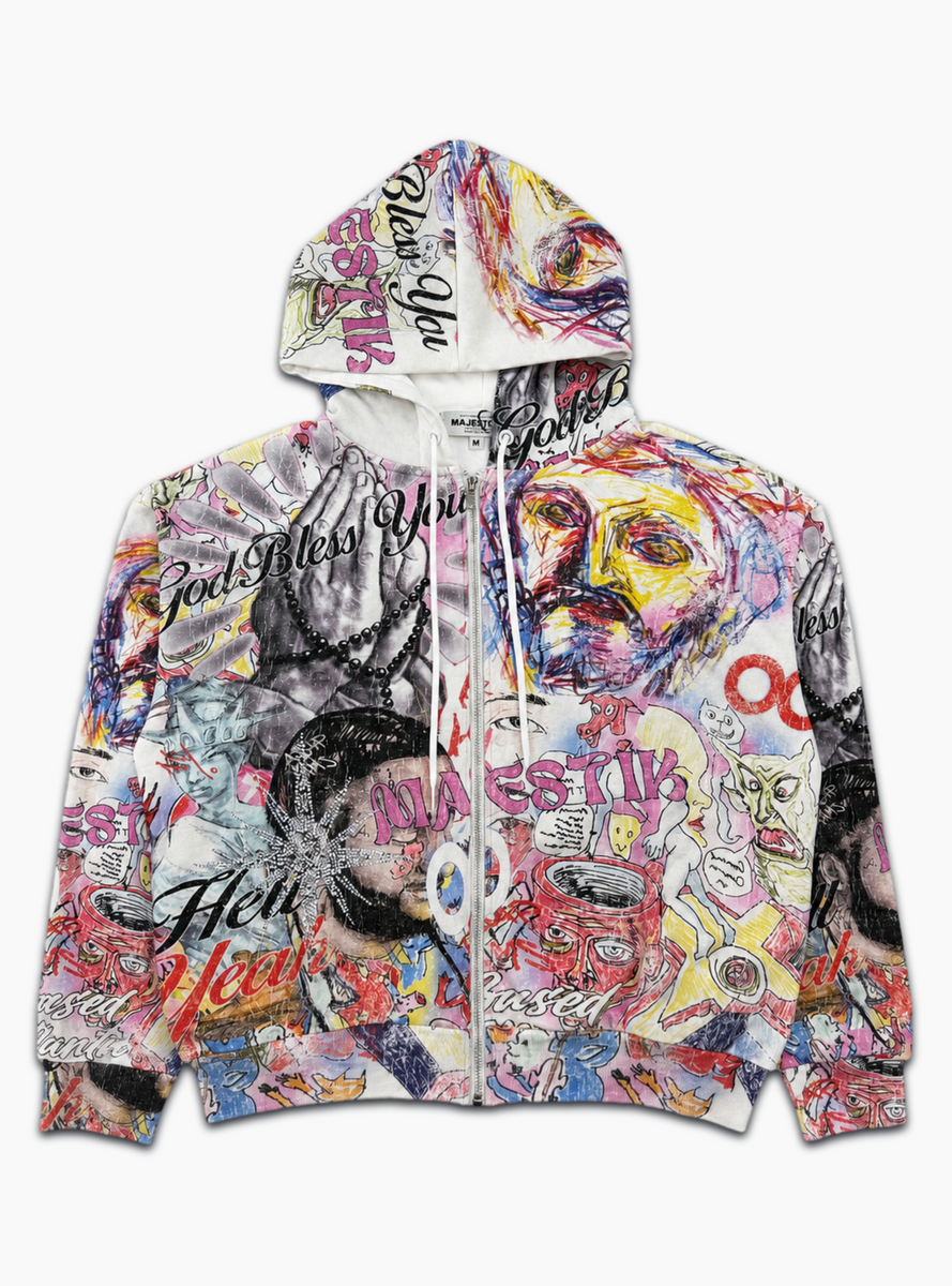 Majestik Hoodie - God Bless You - Collage Zip - Cream - FH2672