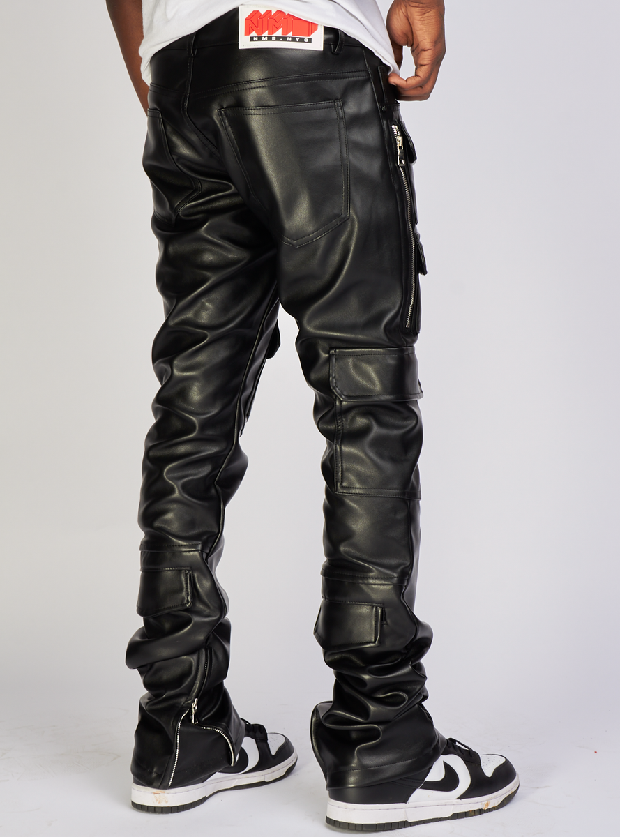 Leather fashion black jeans