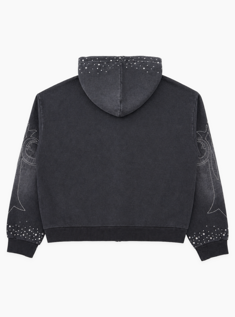 Rare Peace Hoodie - Rhinestone Star Zip-up - Black - RK6107