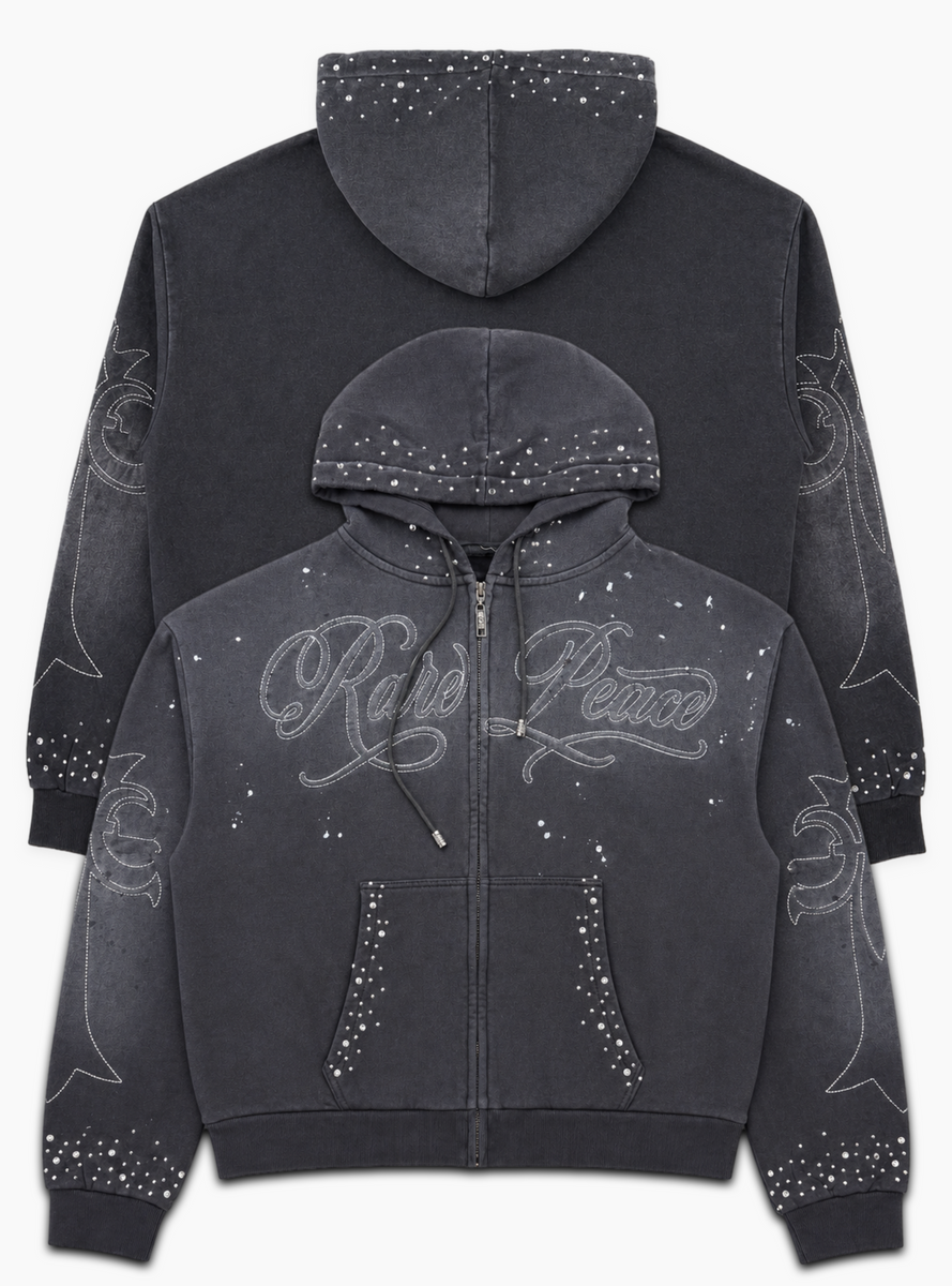 Rare Peace Hoodie - Rhinestone Star Zip-up - Black - RK6107