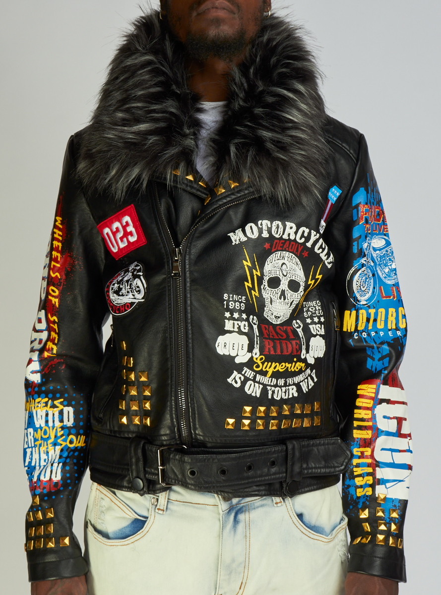 Copper Rivet Leather Jacket - Graffiti Fur - Black - 135009