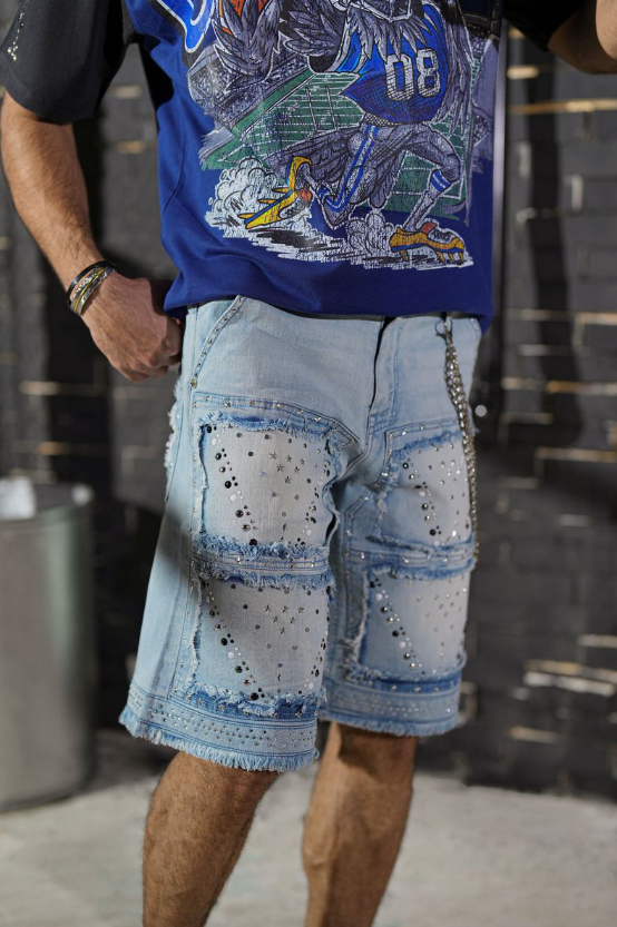 Elite Shorts - Flint Embellished Denim Shorts - Ice Wash - 19486