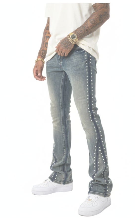 Vicious Jeans - Embellished Flared Denim Mix Pearl/Rhinestone