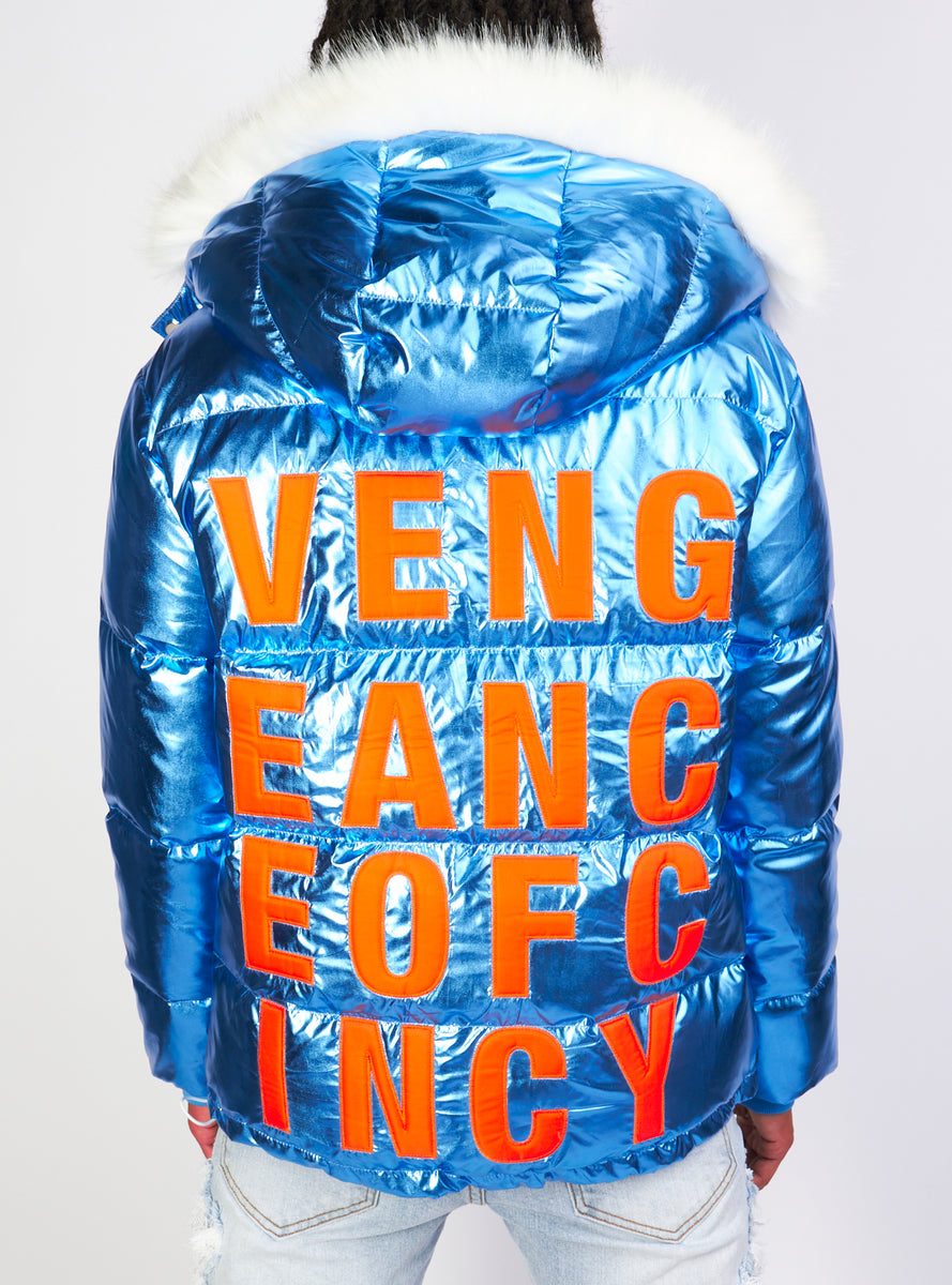Vengeance78 Blue Metallic Puffer Jacket worn by King Von in Broke Opps  (Official Music Video)