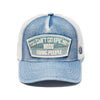 Cult Epic Shit Crystal Embroidered Denim Mesh Trucker Hat in Blue