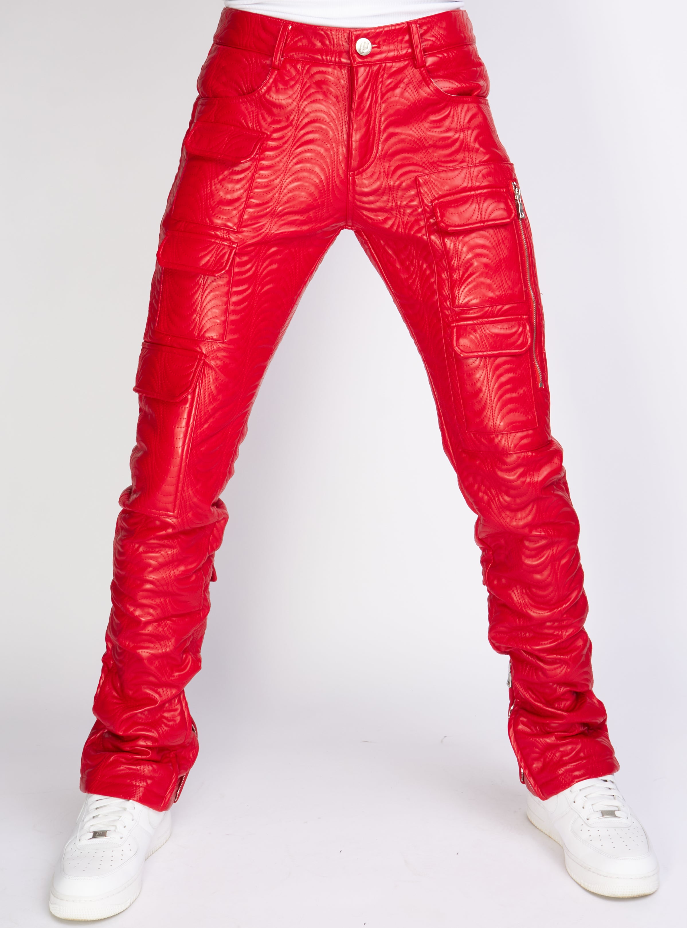 Men's Rockstar Shake Red Stacked Distressed Flare Slim Fit Denim Jeans  - 42