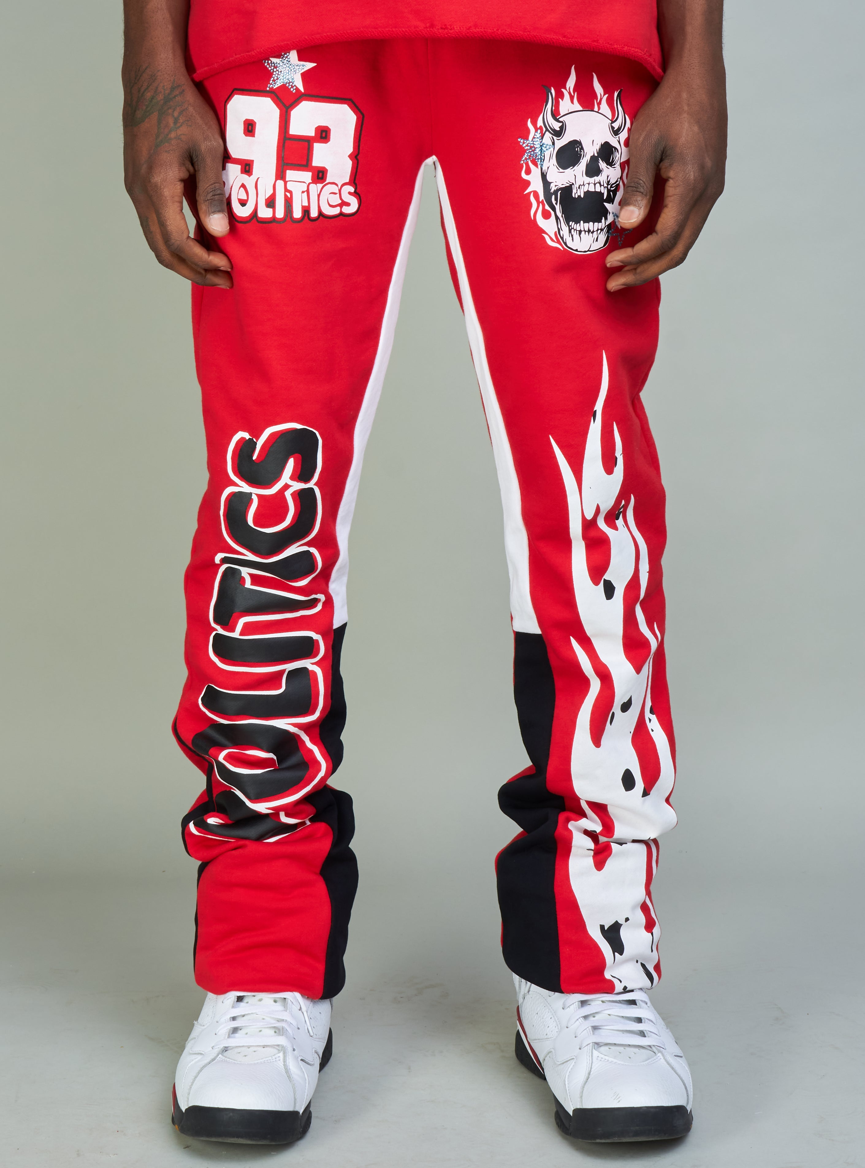 Politics Super Stacked Sweatpants - Red And White - Foster701 – Vengeance78