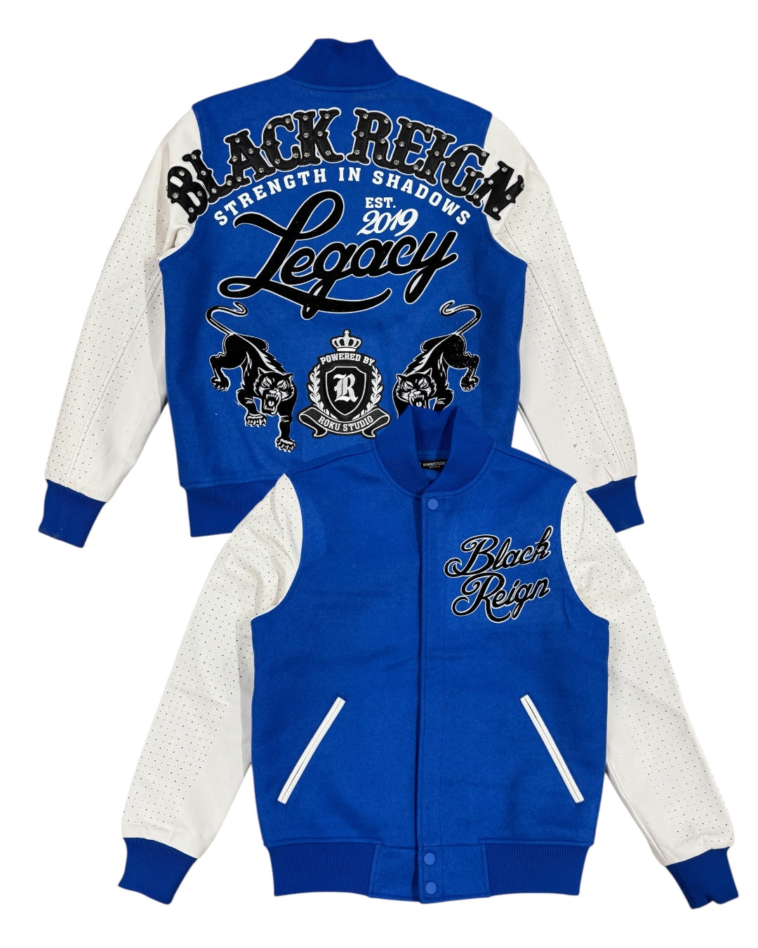 Roku Studio Jacket - Black Reign Rhinestone Varsity - Royal Blue