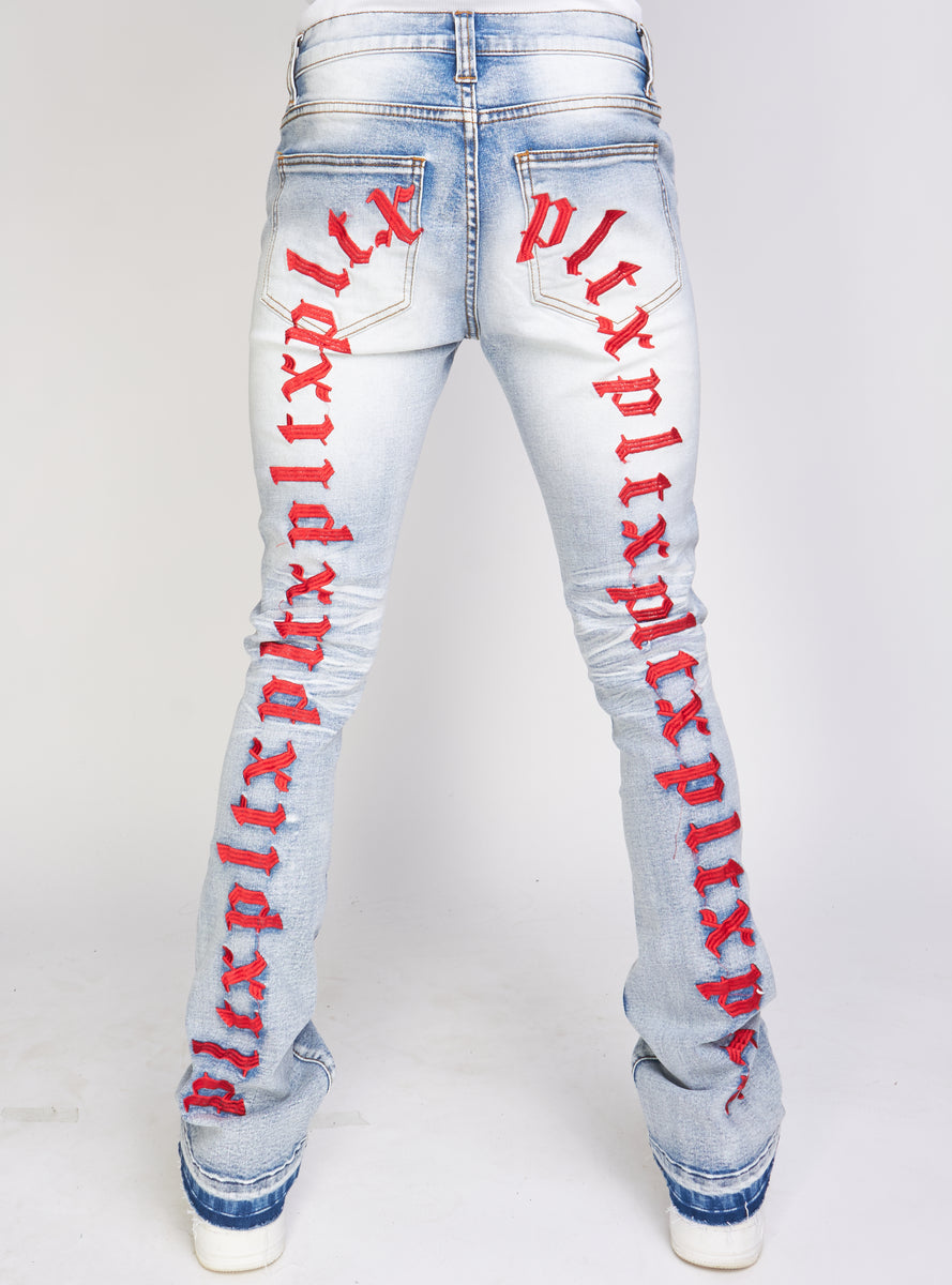 Politics Jeans - Embroidered Skinny Stacked Flare Mac - Blue And Red ...