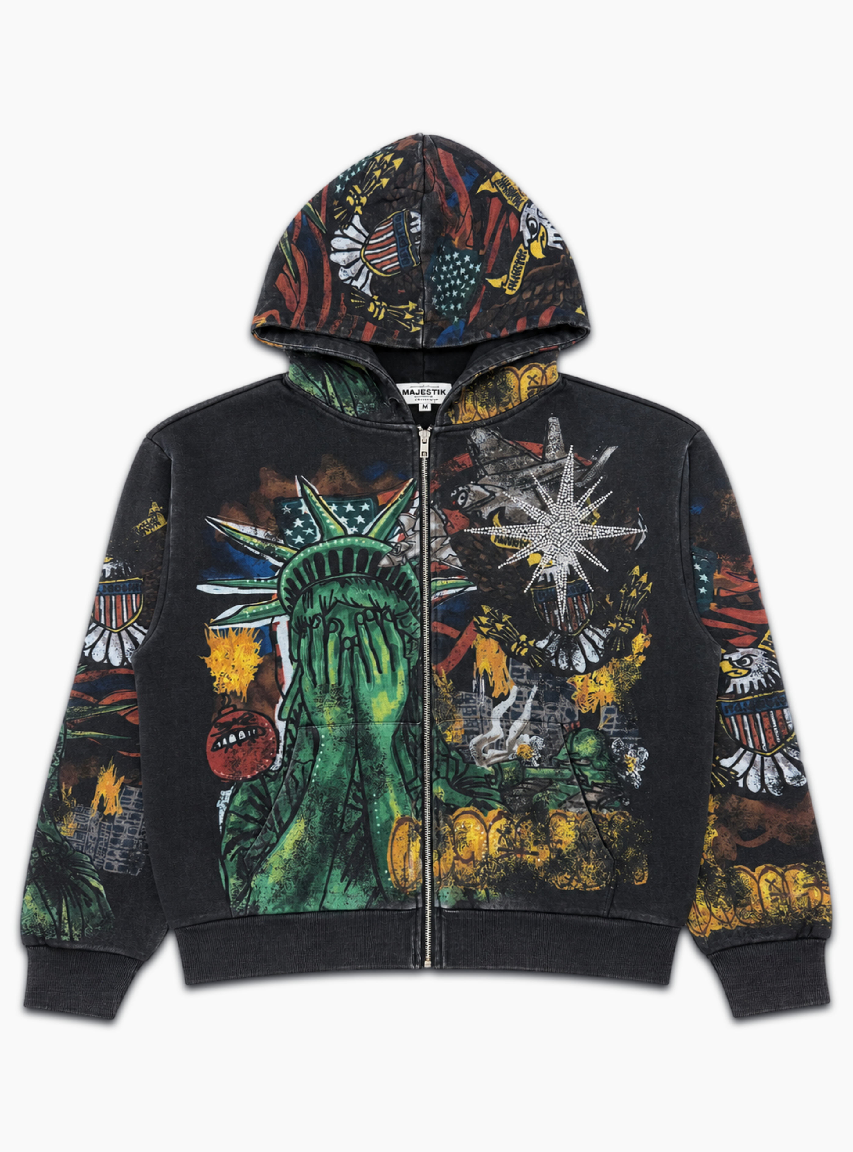 Majestik Hoodie - Statue of Liberty - Rhinestone Zip - Black