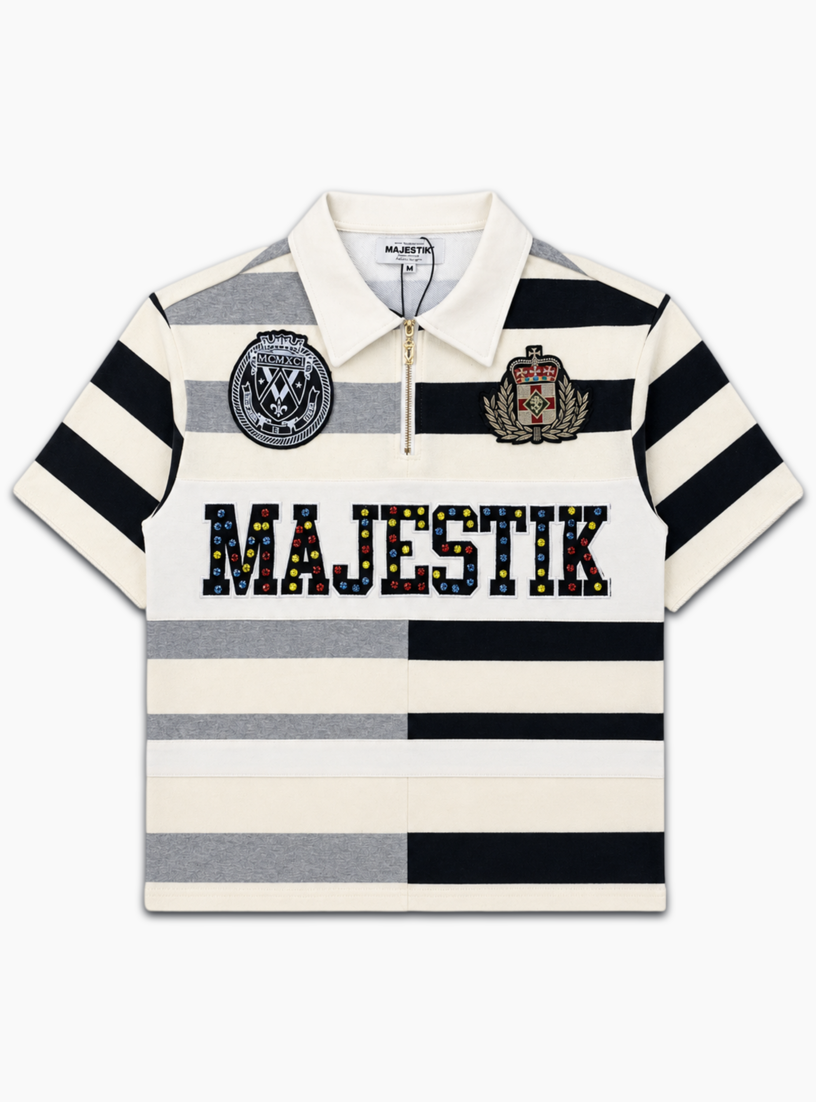 Majestik Polo T-Shirt - Jeweled Crest Quarter-Zip - Black