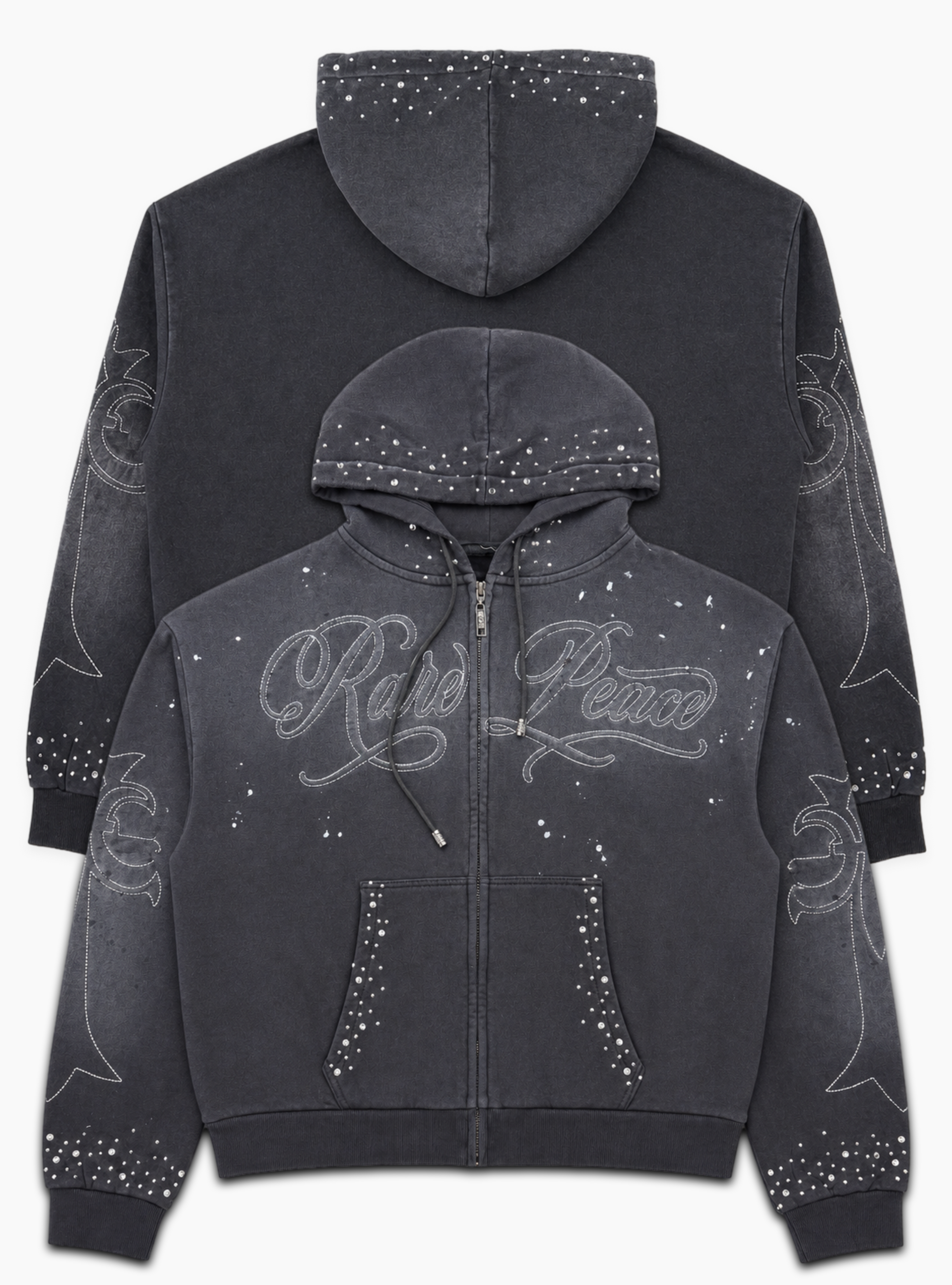 Rare Peace Hoodie - Rhinestone Star Zip-up - Black - RK6107
