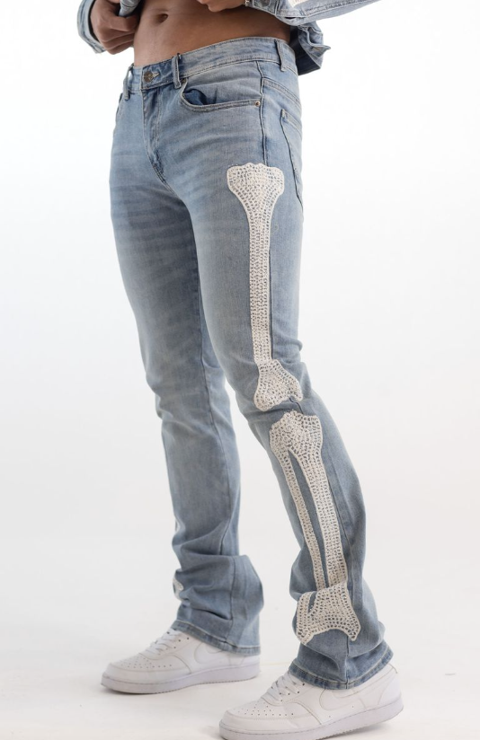 Kindred Pants - PREMIUM SKELETON EMBROIDERY RHINESTONE PANTS - BLUE/WH ...