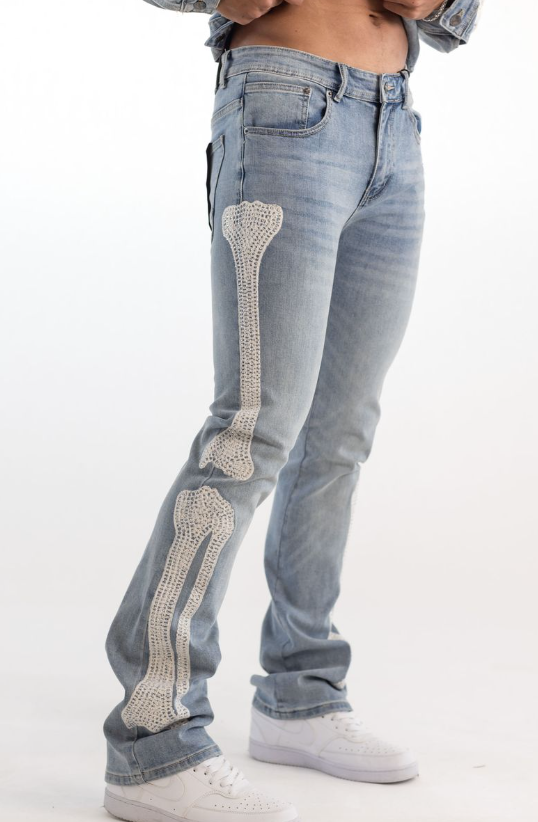 Kindred Pants - PREMIUM SKELETON EMBROIDERY RHINESTONE PANTS - BLUE/WH ...