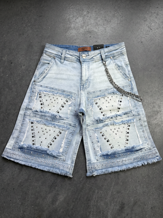 Elite Shorts - Flint Embellished Denim Shorts - Ice Wash - 19486