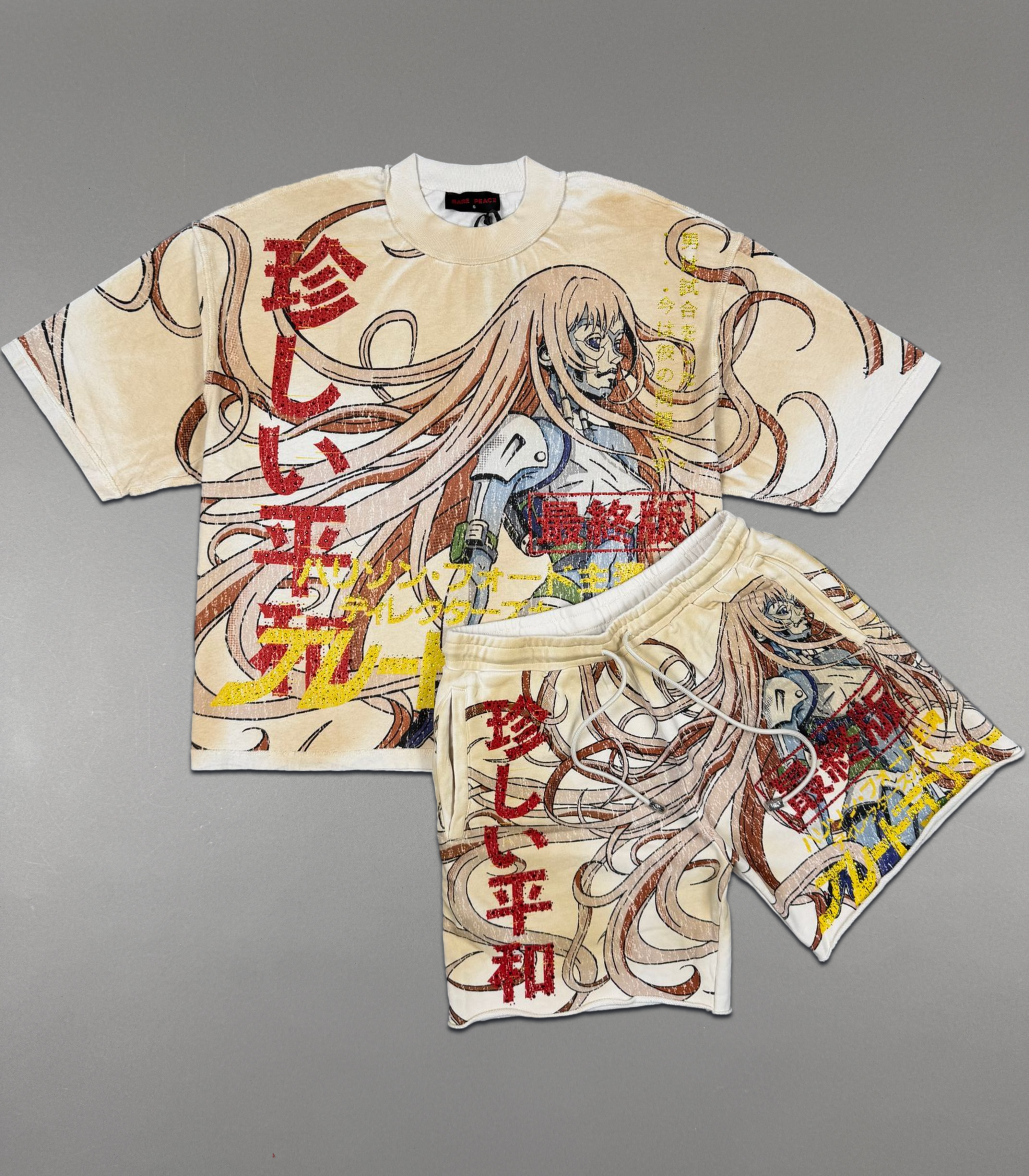 Rare Peace Short Set - Anime W/ Rhinestone Details - Black - RS