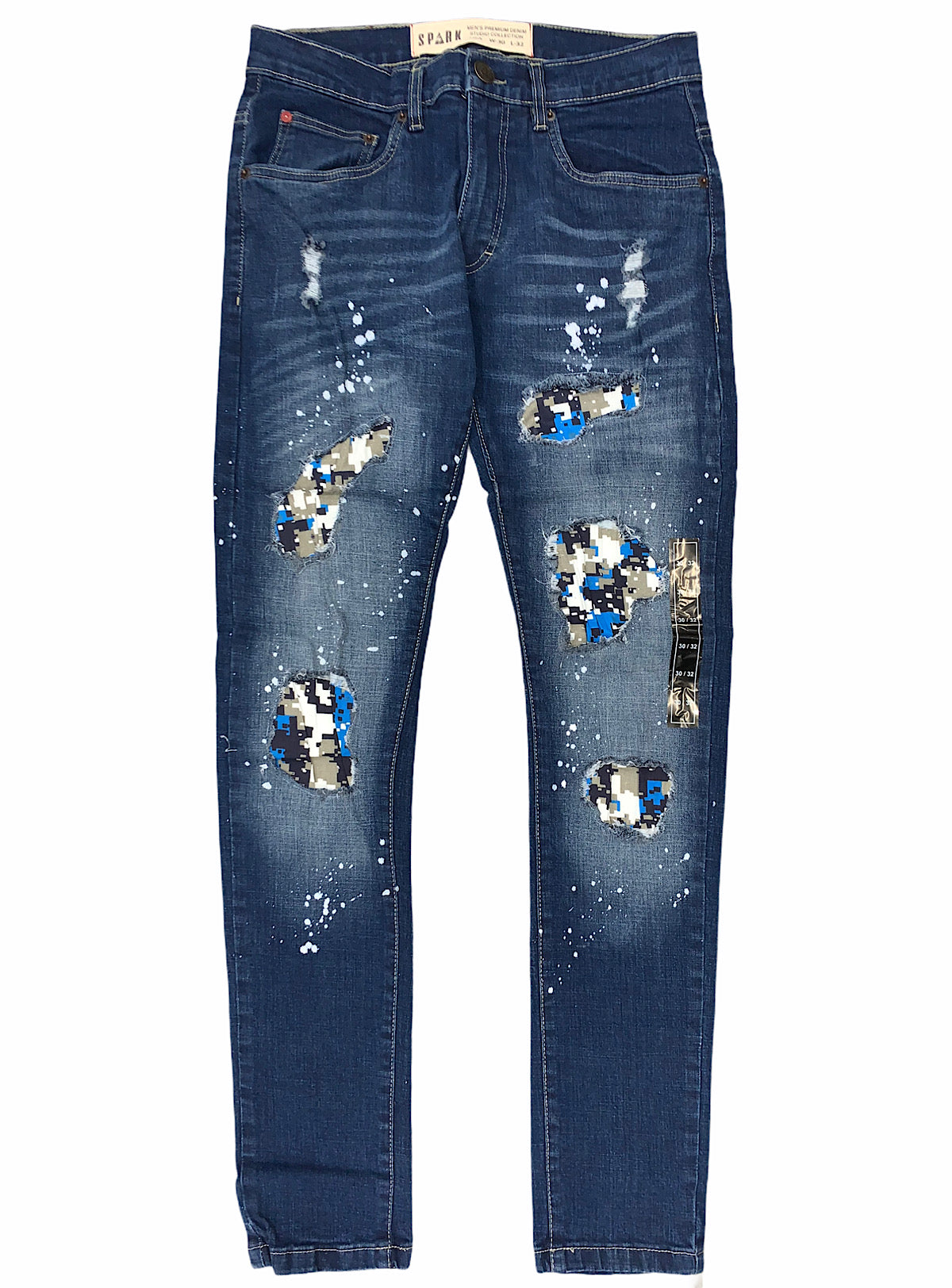 Spark Denim Jeans - Ripped with Splatter and Patch - Dark Blue - S11090-DB