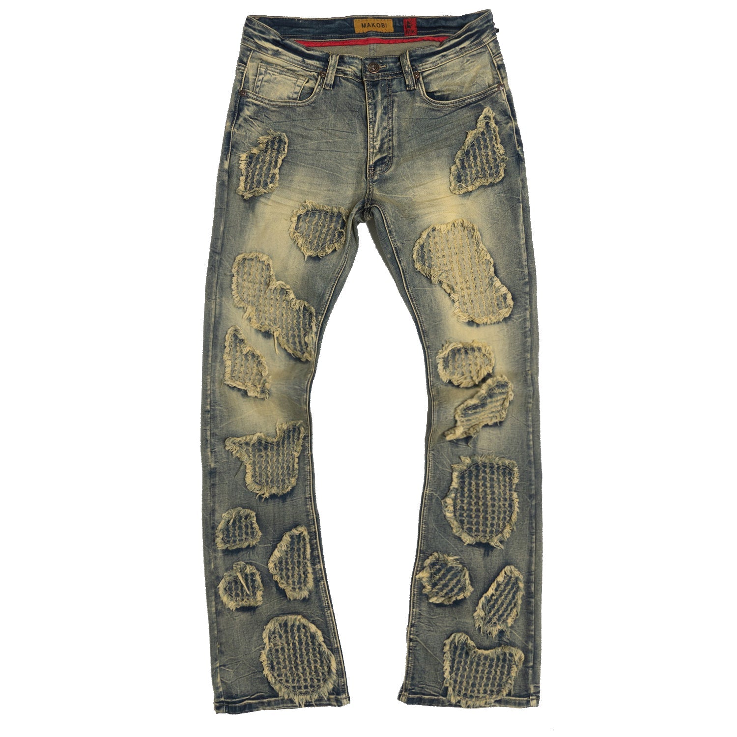 Men's Rockstar Shake Red Stacked Distressed Flare Slim Fit Denim Jeans - 42