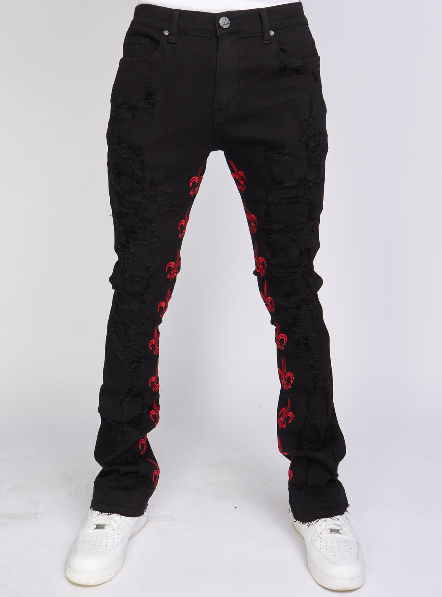 Politics Stacked Embroidery Jeans - Black and Red - Barkley505 ...