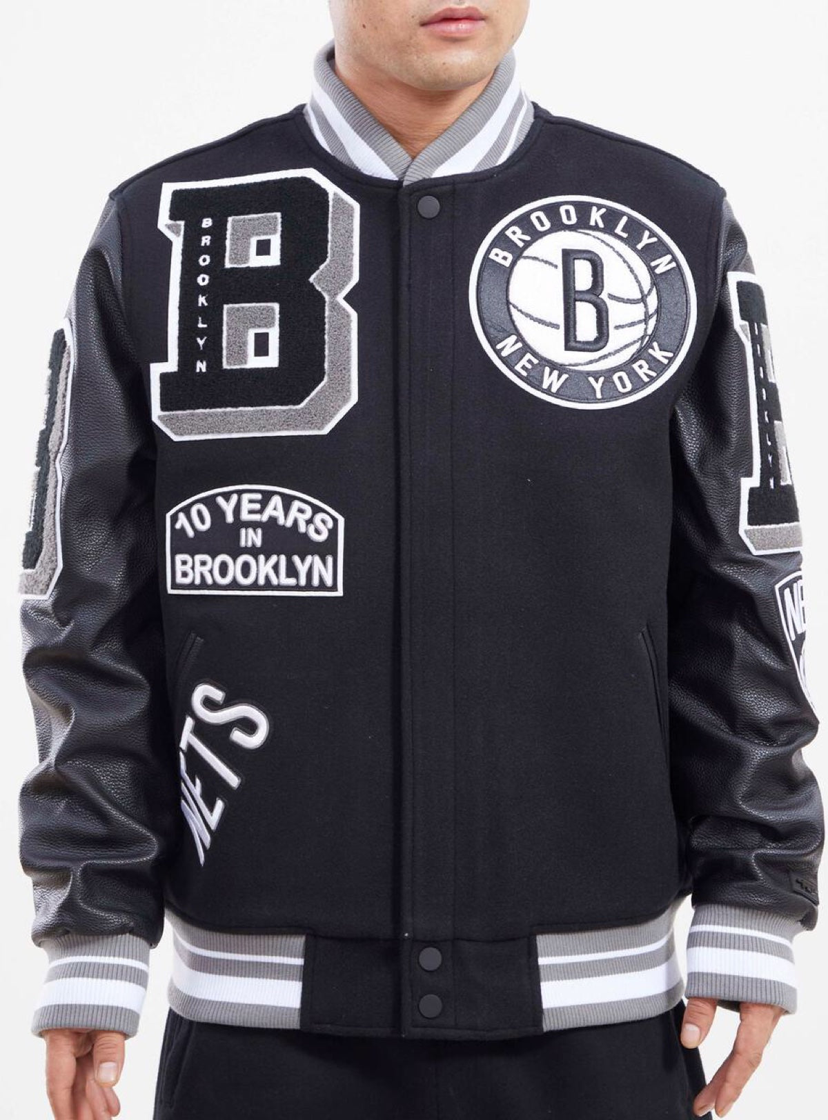 Pro Standard Brooklyn Nets Retro Classic Rib Wool Varsity Jacket (Black/Grey) 3XL