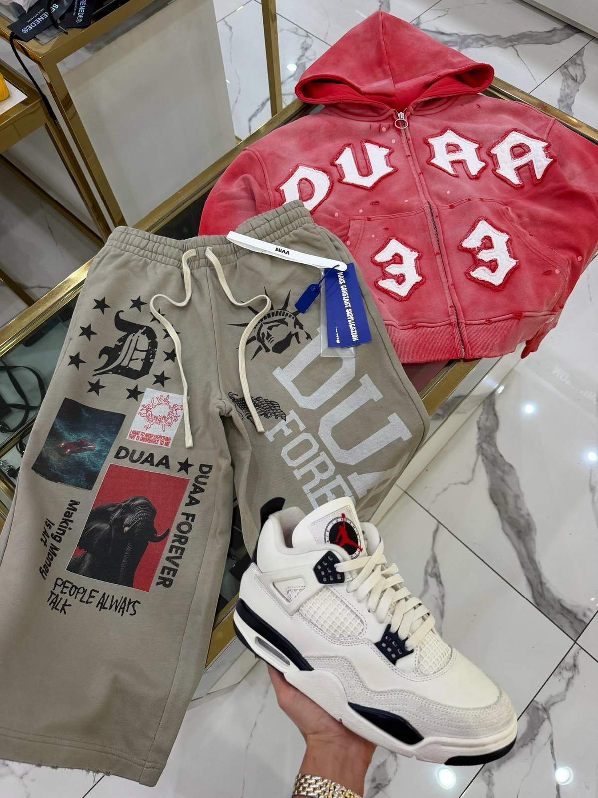 Look: Hoodie — 33 — Red, Pants — Dune Capri — Tan